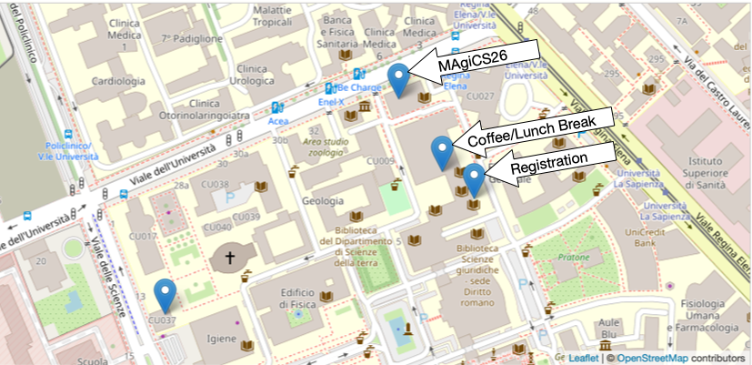 Map of the Città Universitaria highlighting the workshop venue, registration desk, and lunch break location